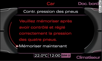 Écran : mémorisation de la pression des pneus